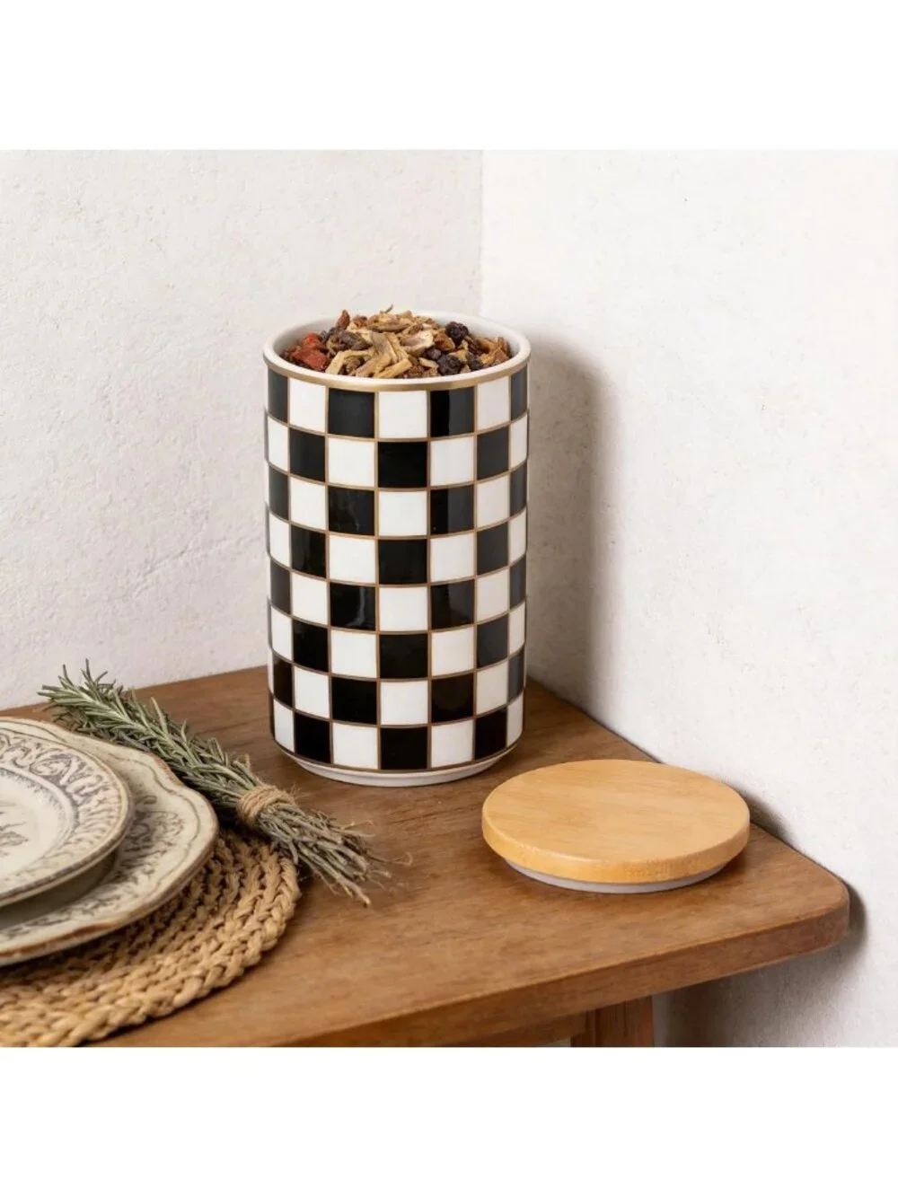 Stylish Black & White Checkered Ceramic Canisters - Airtight Food Storage for